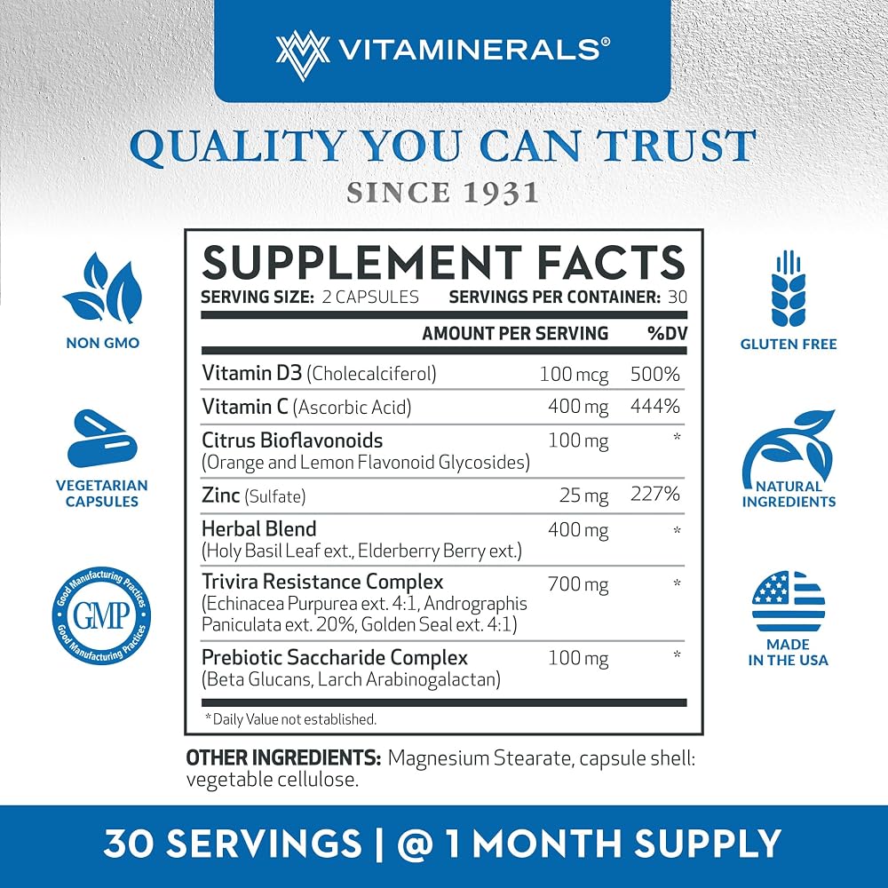 Vitaminerals TRIVIRA Immune Support Vitamin C D3 Zinc - 60 Vegetable Capsules - image 2