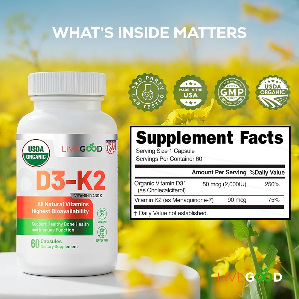 LiveGood Vitamin D3 K2 2000 IU Organic Vegan - 60 Capsules - image 3