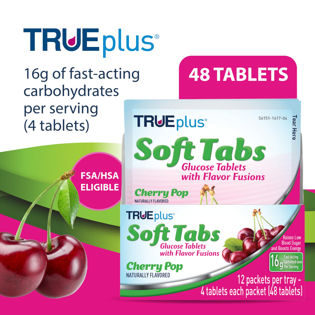 TRUEplus Glucose Tablets for Diabetics - 12 Packs - 48 tabs