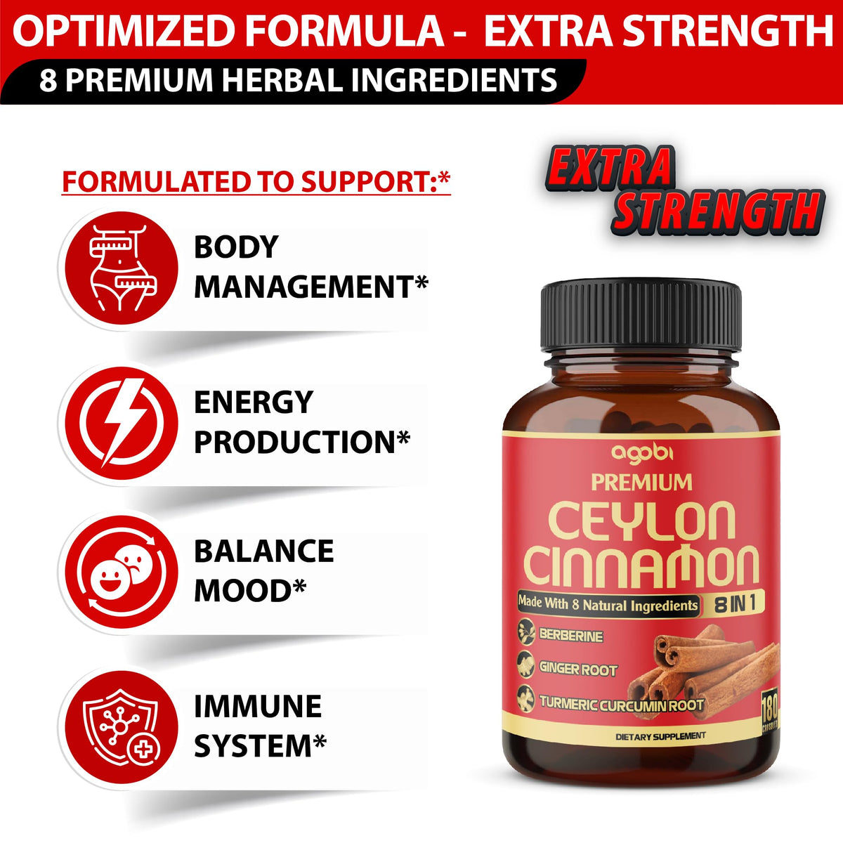 Agobi Ceylon Cinnamon with Berberine Supplement - 180 Capsules - image 3
