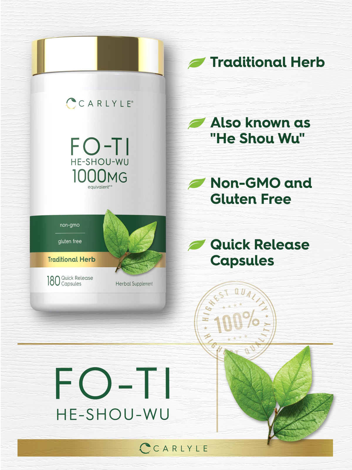 Carlyle Fo-Ti Supplement He-Shou-Wu Root Extract - 180 Capsules - image 4