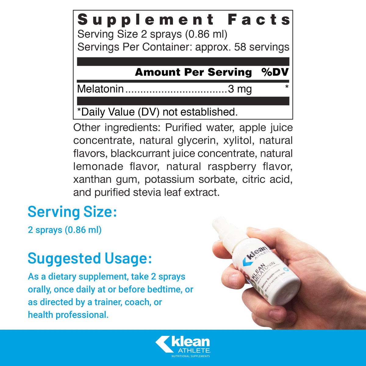Klean Athlete Melatonin Spray Sleep Support Raspberry Lemonade - 1.7 Fl Oz - image 2