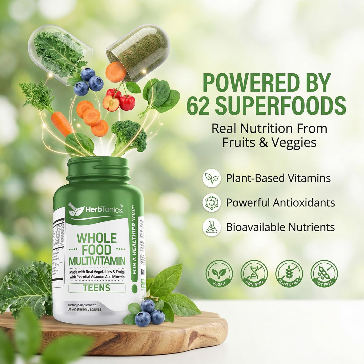 Herbtonics Whole Food Teen Multivitamin for Girls & Boys 12-17 - 60 Capsules - image 5