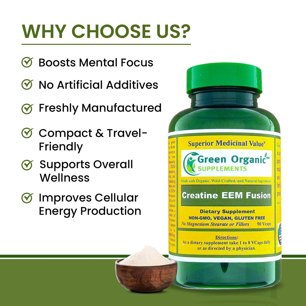 Green Organic Supplements Creatine EEM Fusion, 90 Vegetarian Capsules, High