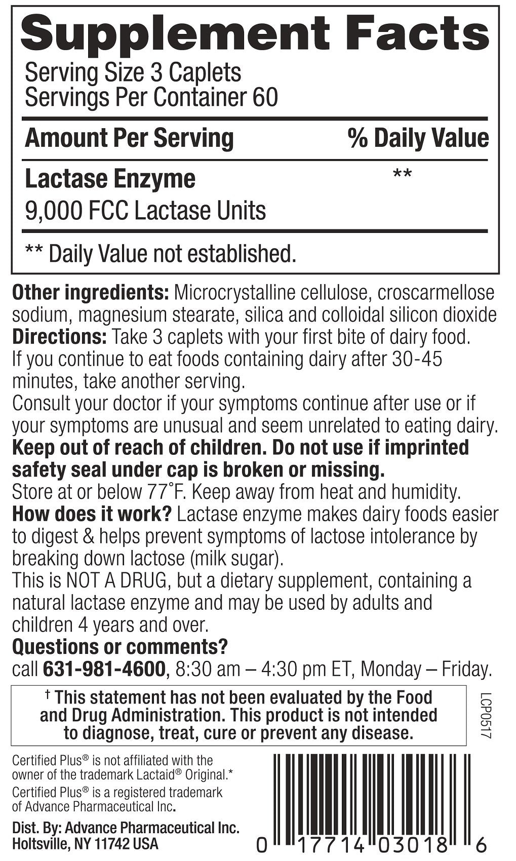 Certified Plus Lactase Enzyme 180 Caplets Generic Lactaid Original