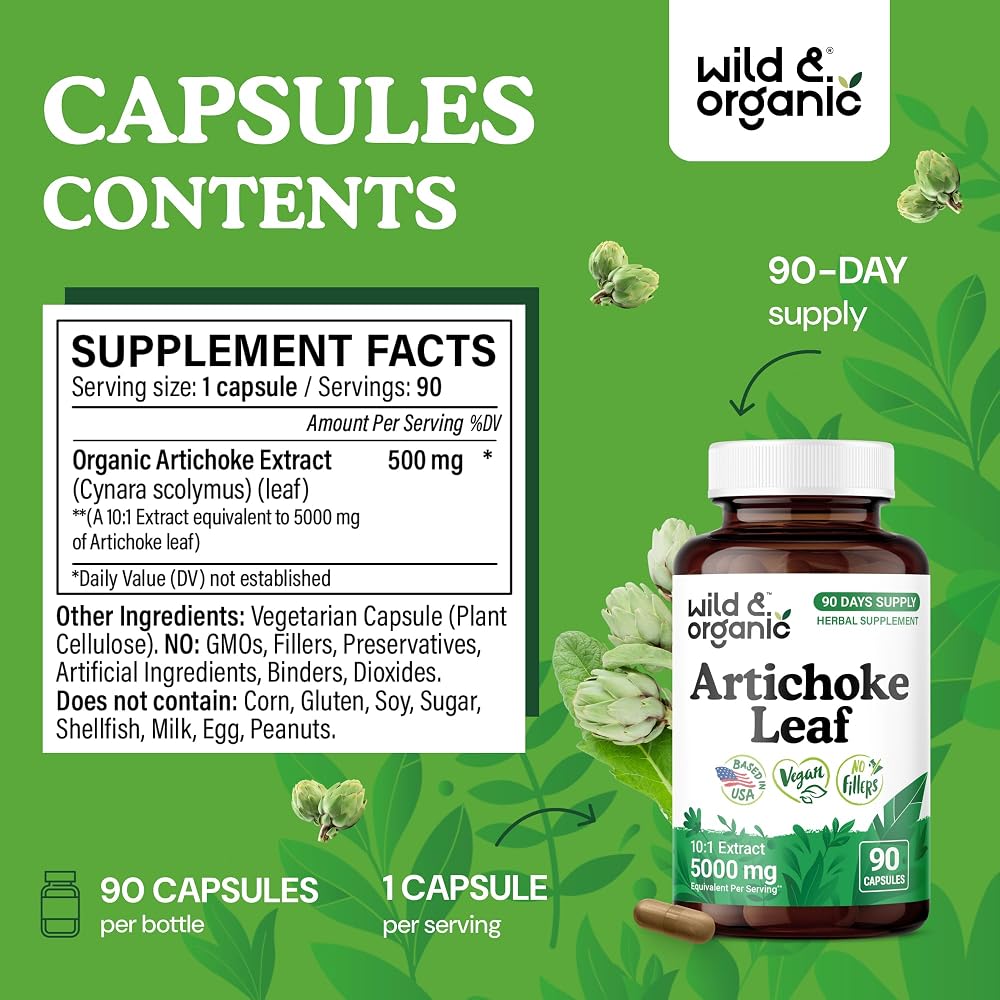 Wild & Organic Artichoke Extract 500 mg Capsules - 90 Count - image 3