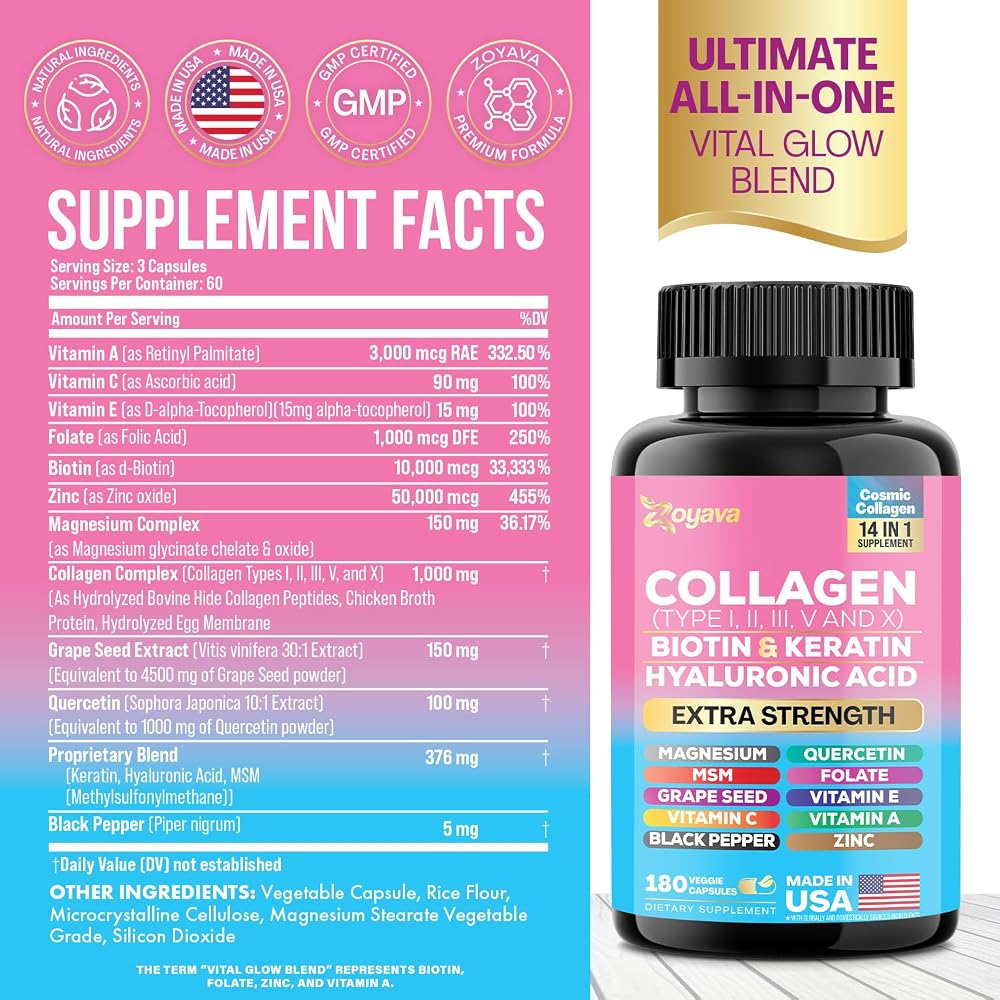 Zoyava Collagen Peptides 14-in-1 with Biotin & Keratin - 180 Capsules - image 2