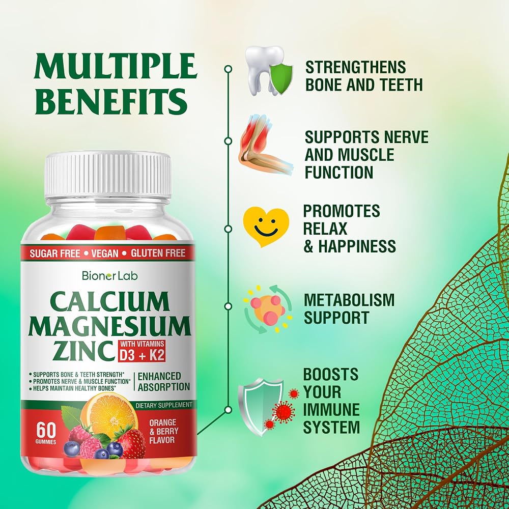 BionerLab Calcium Magnesium Zinc Gummies with Vitamin D3 & K2 - High