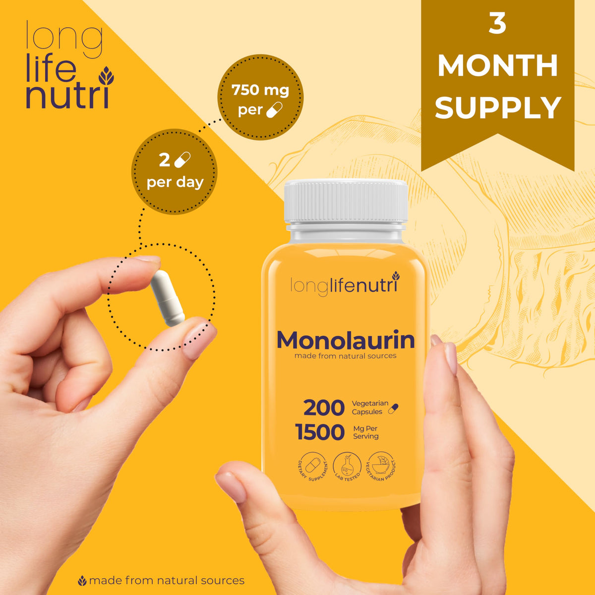 LongLifeNutri Monolaurin 1500mg Supplement - 200 Vegetarian Capsules - image 5