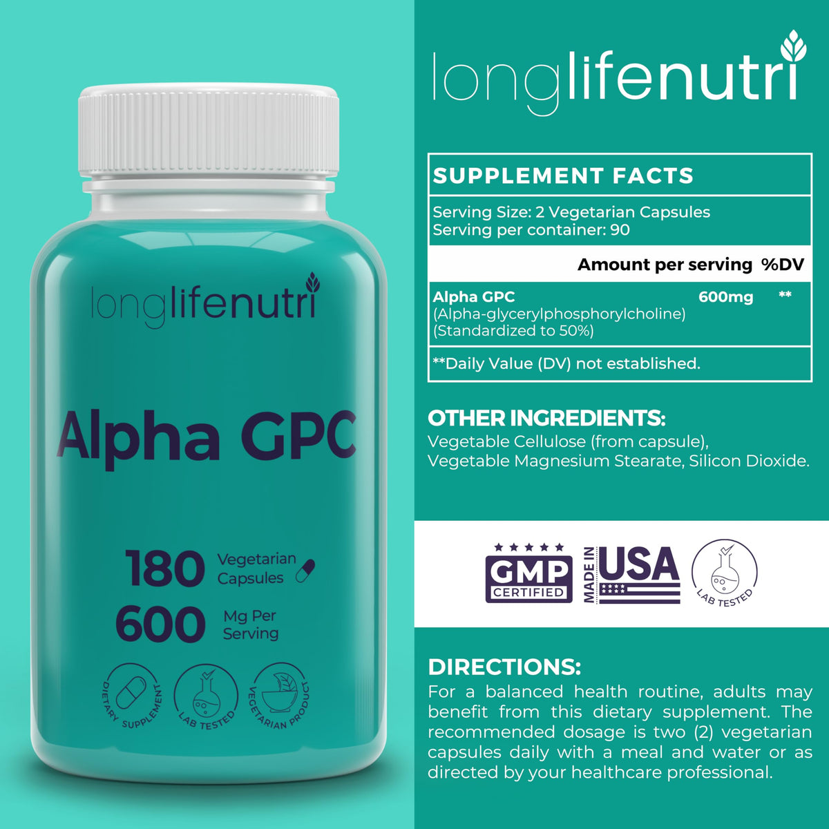 LongLifeNutri Alpha GPC Choline 600mg - 180 Vegetarian Capsules - image 2