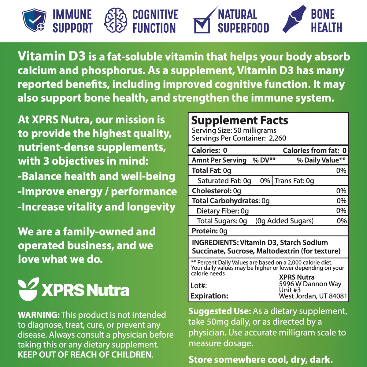XPRS Nutra Vitamin D3 Powder (Cholecalciferol) - Unflavored VIT D