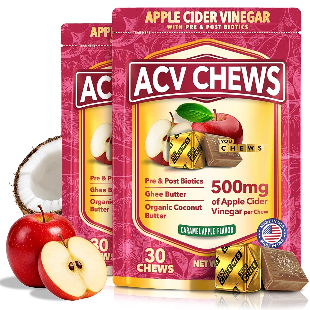 YouChews Apple Cider Vinegar Gummies with Prebiotics & Postbiotics - 60 Count