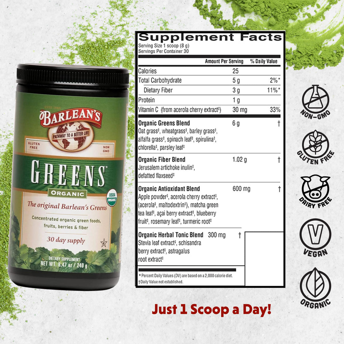 Barlean's Organic Greens Powder Superfood Drink Mix - 8.47 oz - image 2