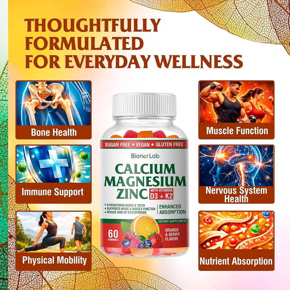 BionerLab Calcium Magnesium Zinc Gummies with Vitamin D3 & K2 - High