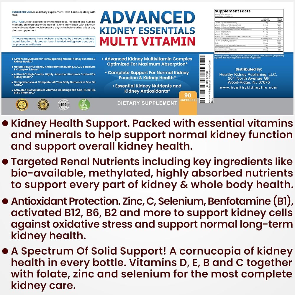 Advanced Kidney Essentials Multivitamin. Kidney Support Supplement