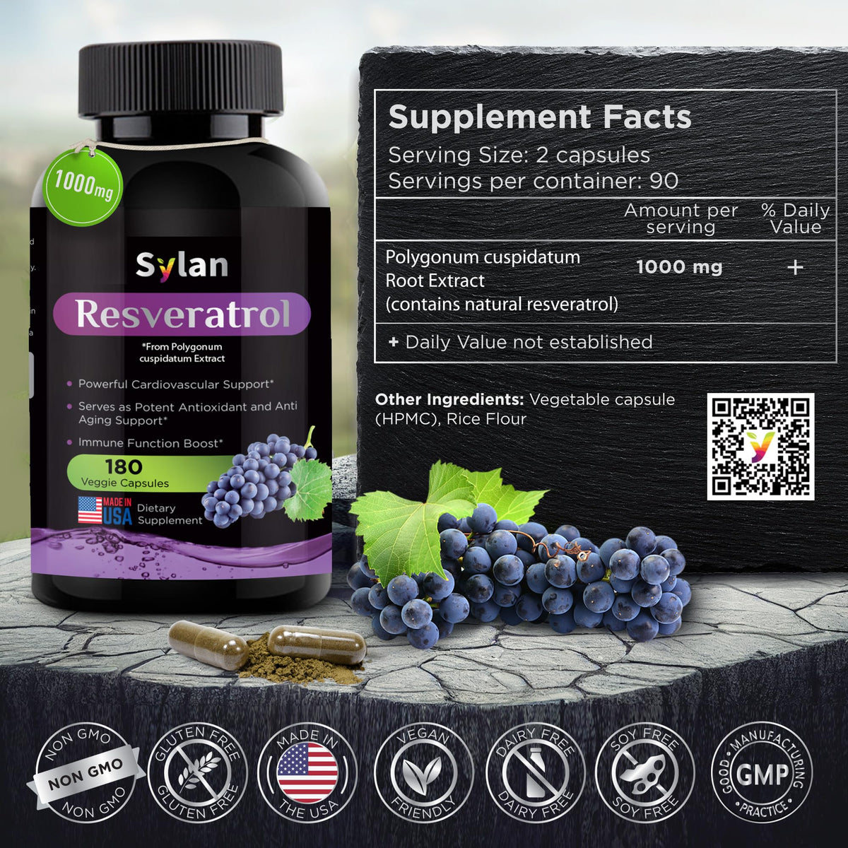 SYLAN Resveratrol Supplement 1000mg - 180 Vegetarian Capsules - image 3