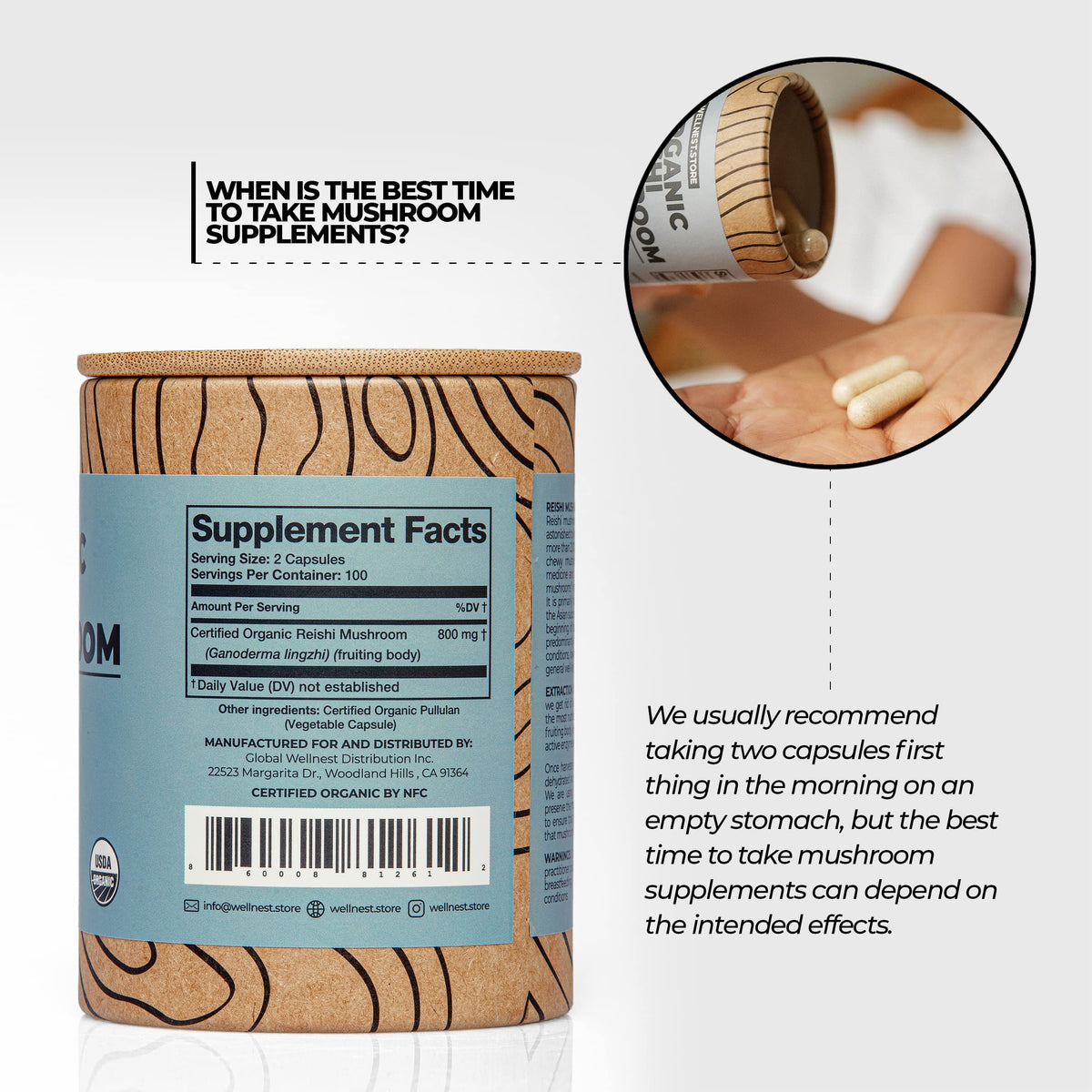 Wellnest.Store Reishi Organic Mushroom Supplement Capsules