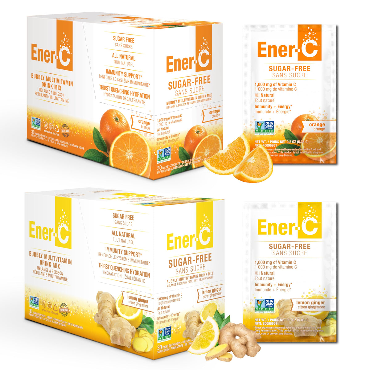 Ener-C Multivitamin Drink Mix No Sugar Orange & Lemon Ginger - 60 Count