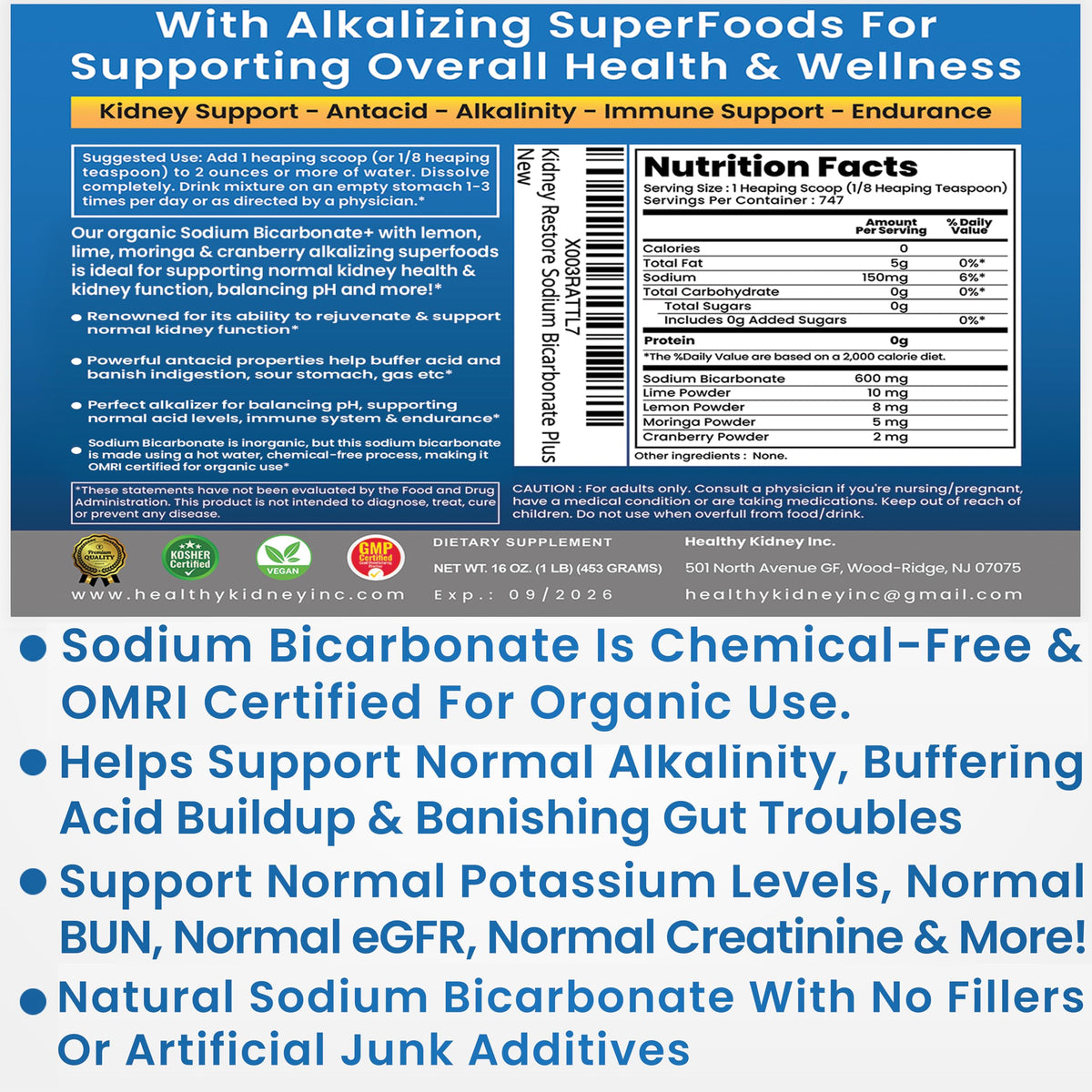 Kidney Restore Sodium Bicarbonate Alkaline Powder - 16 oz - image 2