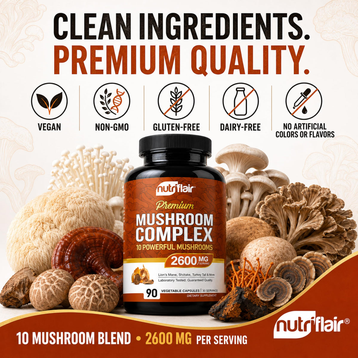NutriFlair 10 Mushroom Complex Supplement 2600mg - 90 Capsules - image 4