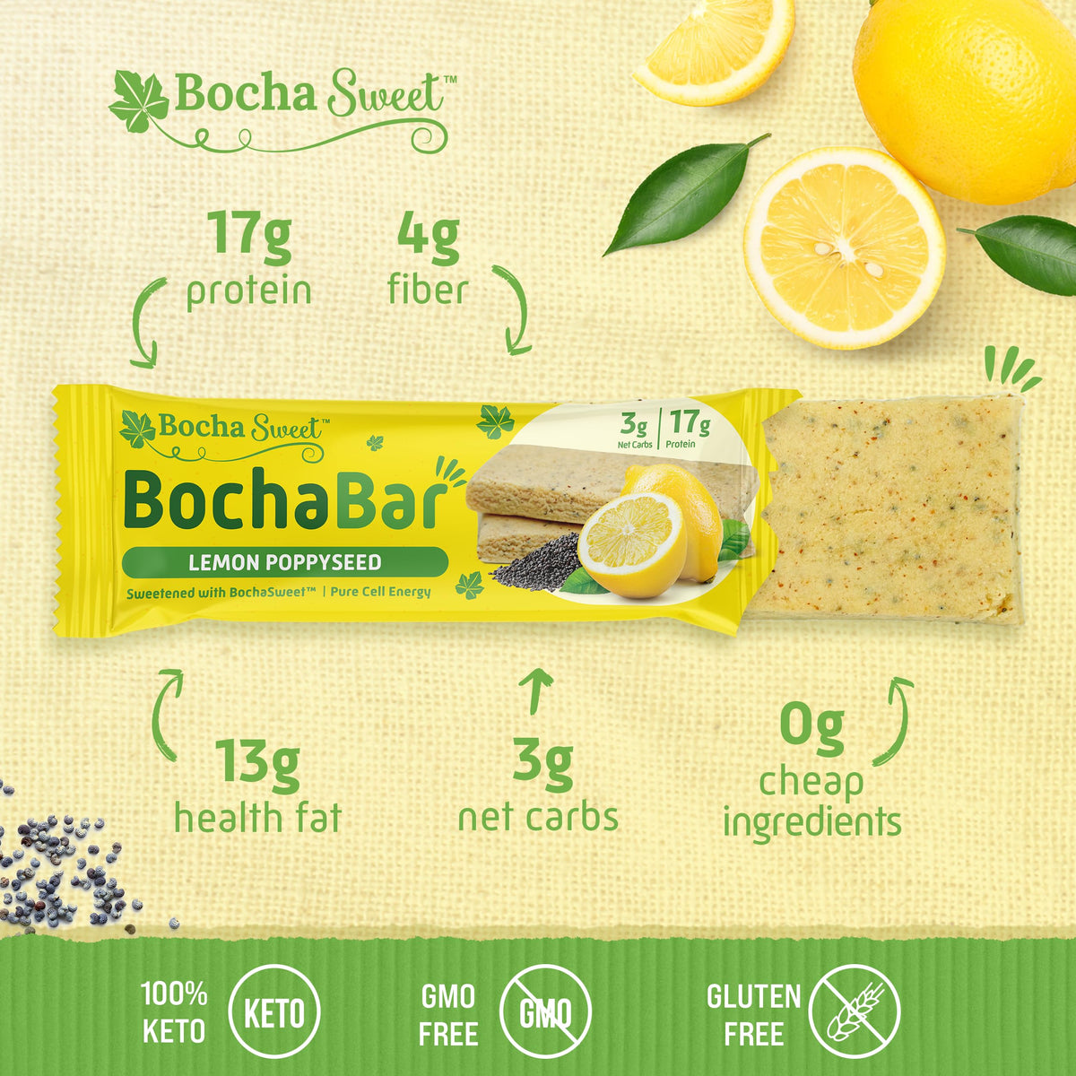 BOCHA SWEET Keto Protein Bar Lemon Poppyseed - 12 Count - image 3