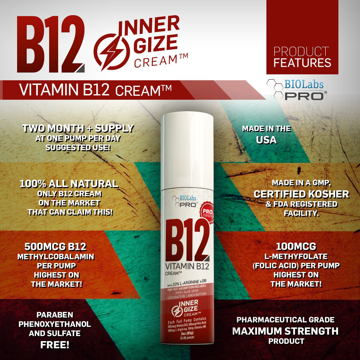 BIOLABS PRO INNERGIZE B12 Cream with L-Arginine - 3 Ounce - image 2