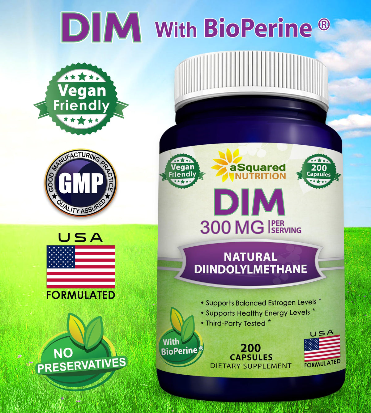 aSquared Nutrition DIM Supplement 300mg - 200 Vegetarian Capsules - image 3