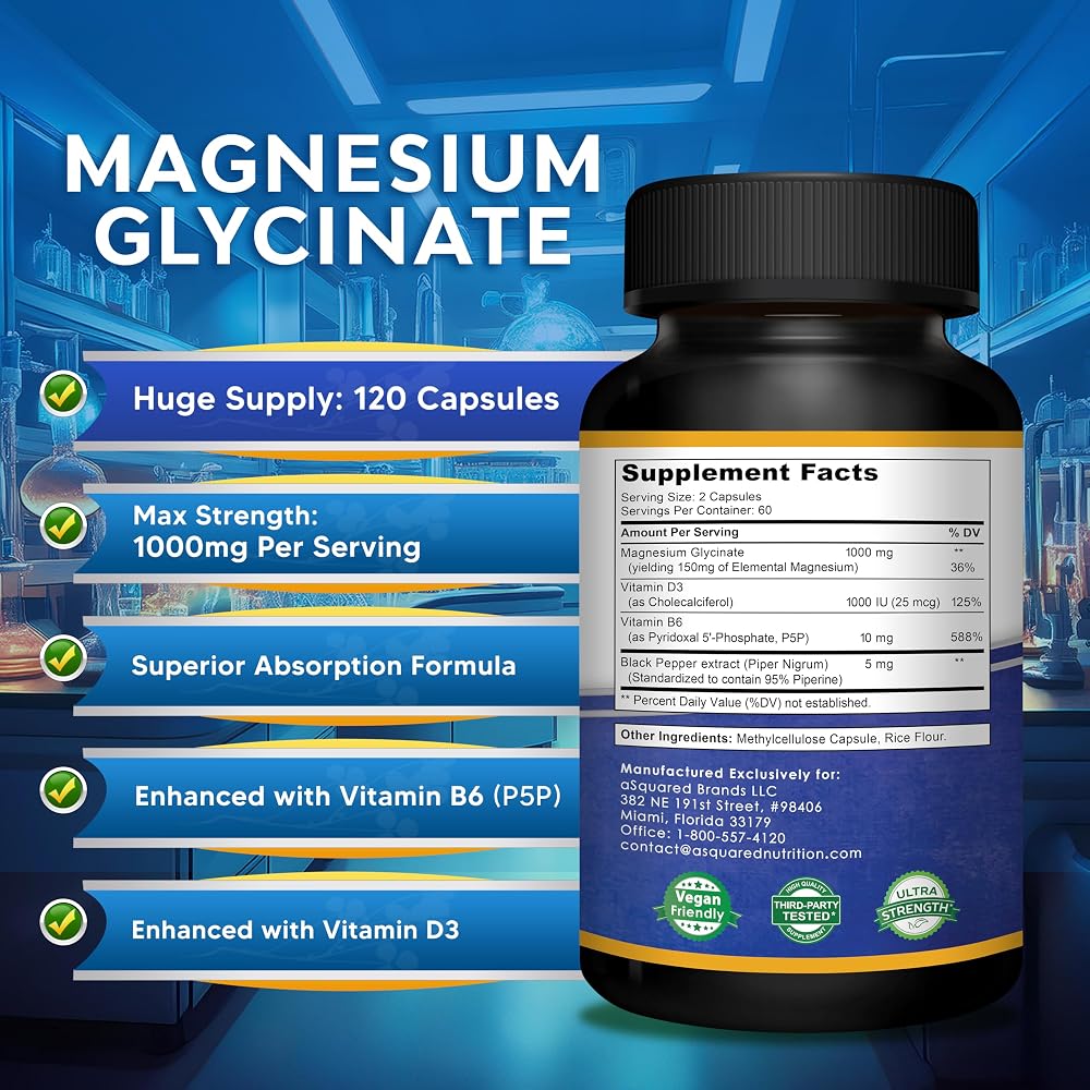 aSquared Nutrition Magnesium Glycinate 1000mg with D3 & B6 - 120 Capsules - image 5