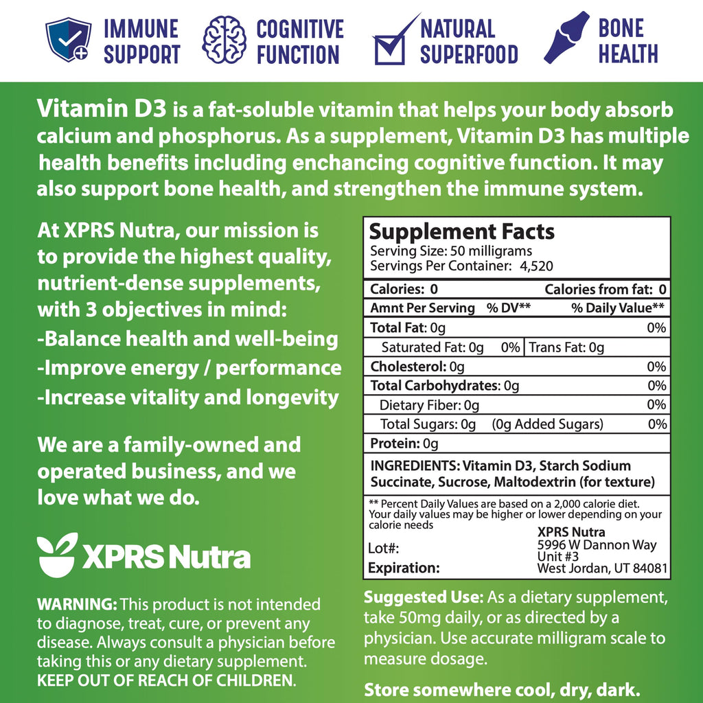 XPRS Nutra Vitamin D3 Powder (Cholecalciferol) - Unflavored VIT D