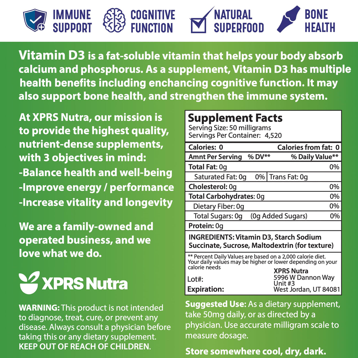 XPRS Nutra Vitamin D3 Powder (Cholecalciferol) - Unflavored VIT D