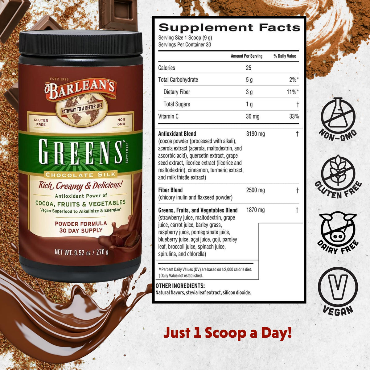 Barlean's Chocolate Greens Powder Superfood Drink Mix - 9.52 oz - image 2