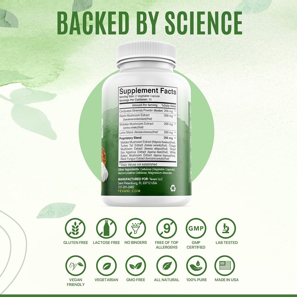 YEVANI Mushroom Supplement Immune Energy Clarity - 60 Capsules - image 3