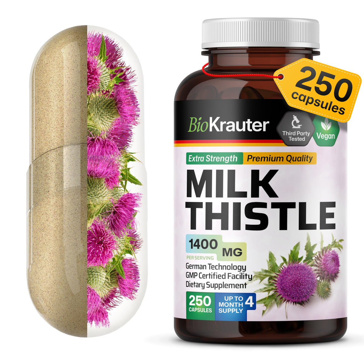 BIO KRAUTER Milk Thistle Supplement for Liver Support - 250 Capsules