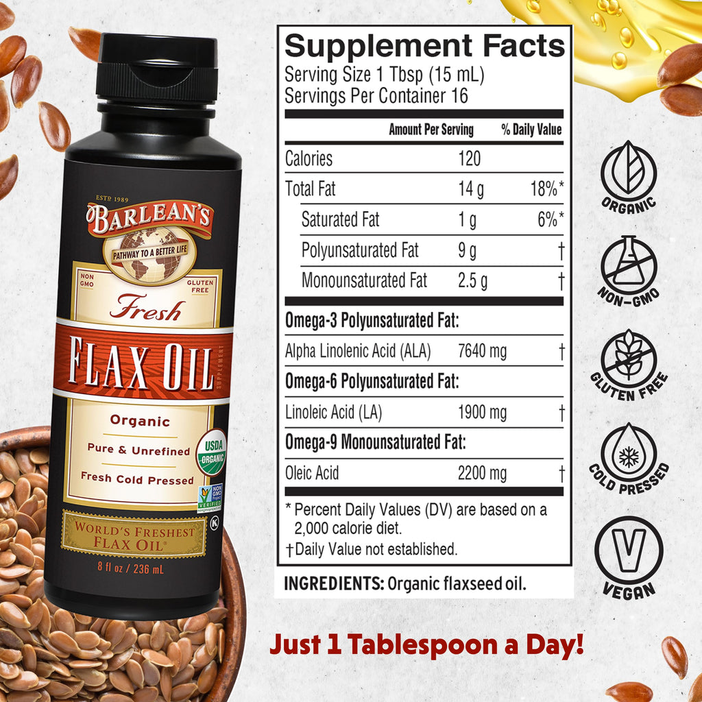 Barlean's Organic Flaxseed Oil Liquid Omega 3 - 8 fl oz - image 2