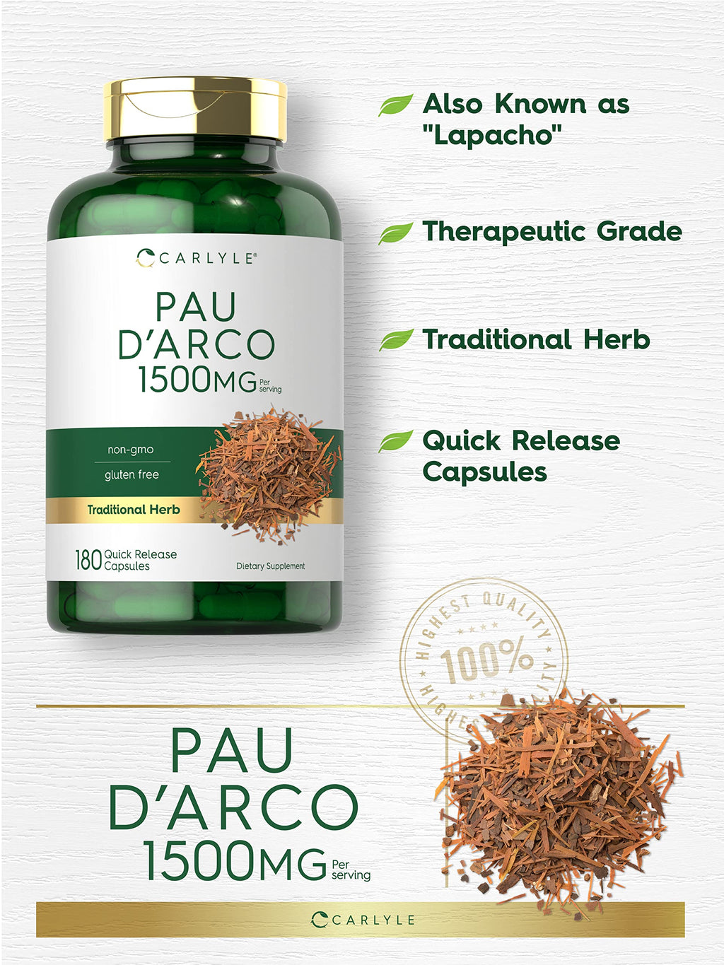 Carlyle Pau D'Arco 1500mg Herbal Supplement - 180 Capsules - image 3