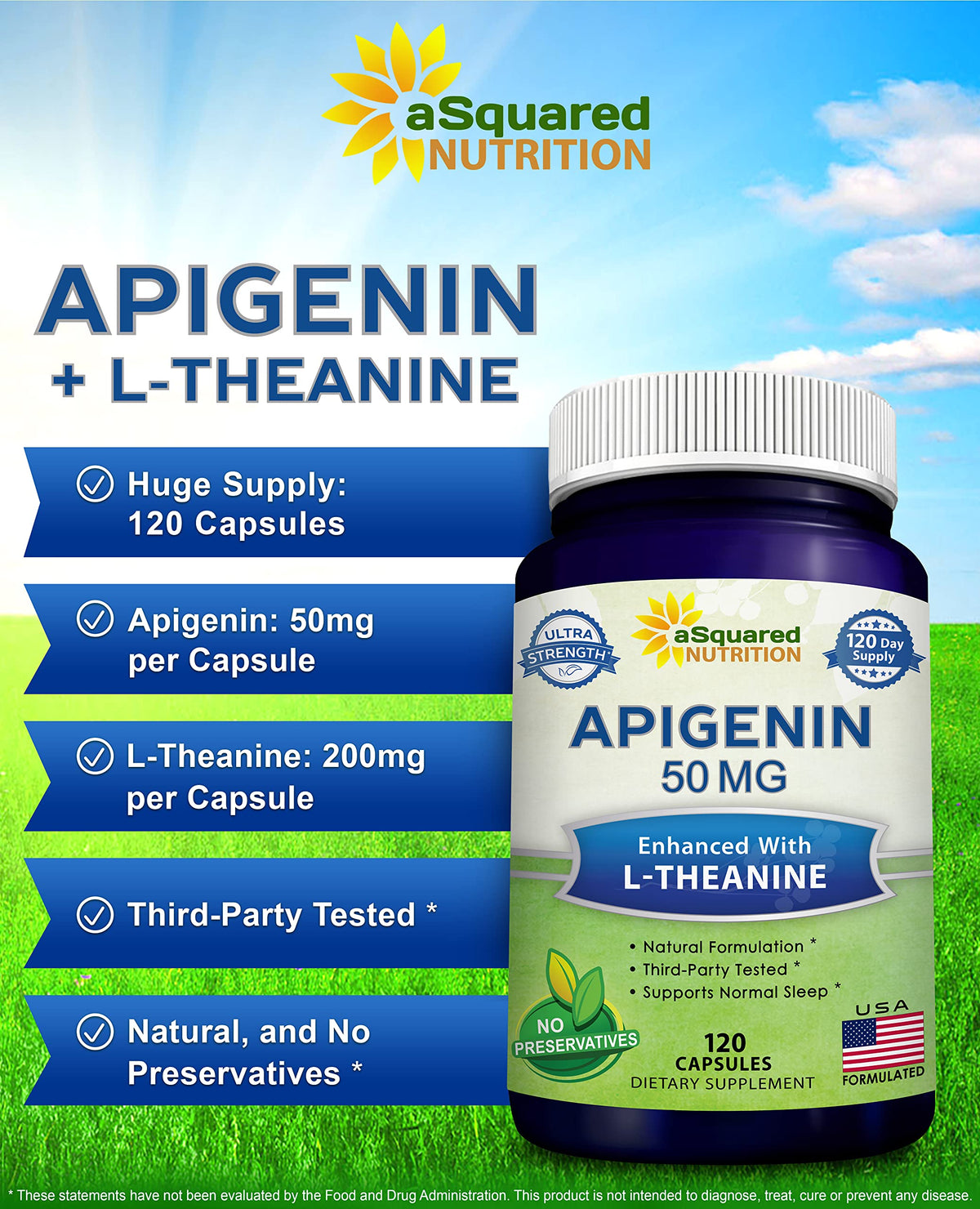 aSquared Nutrition Apigenin 50mg & L-Theanine 200mg - 120 Capsules - image 2