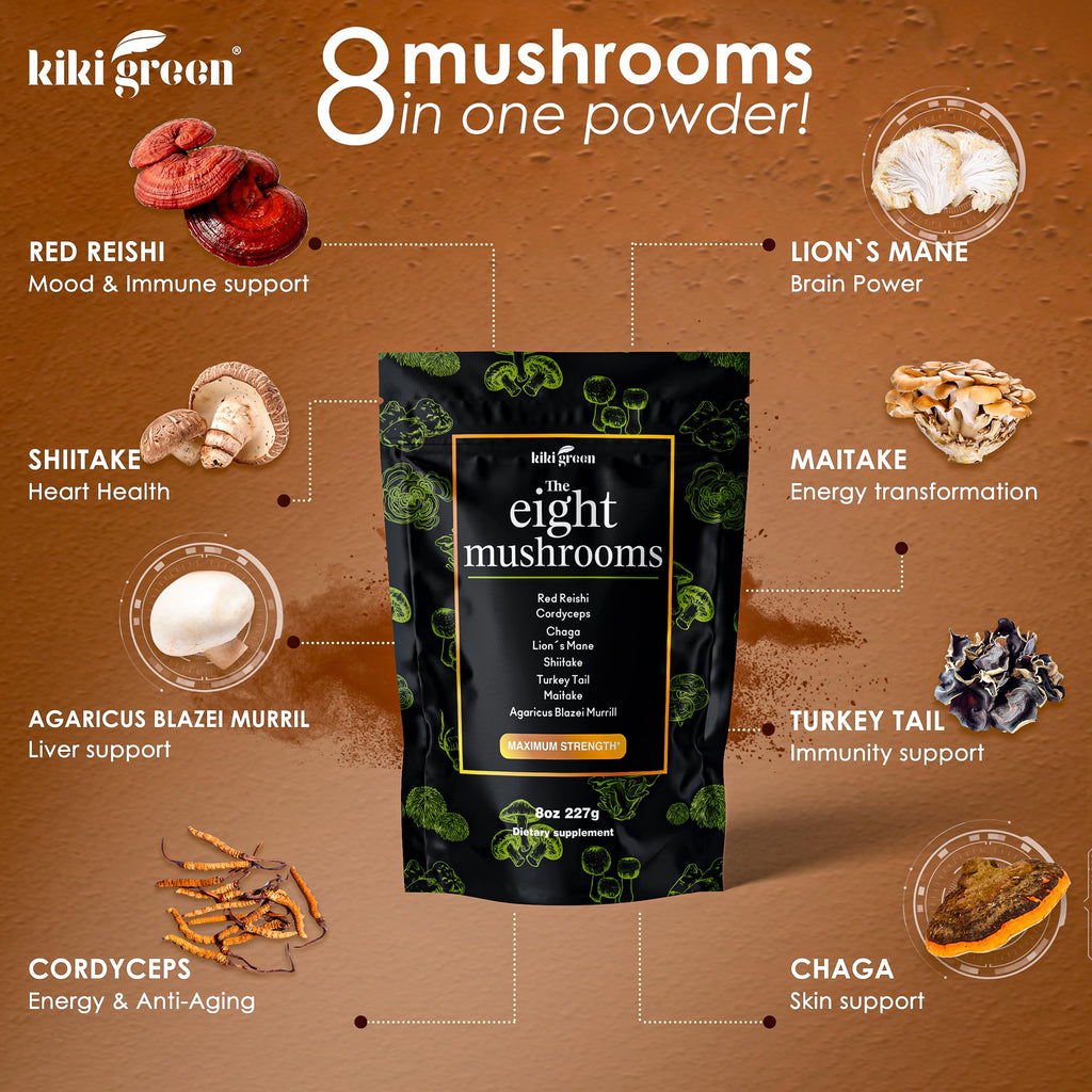 KIKI Green Mushroom Powder Extract - The 8 Mushrooms Supplement Blend