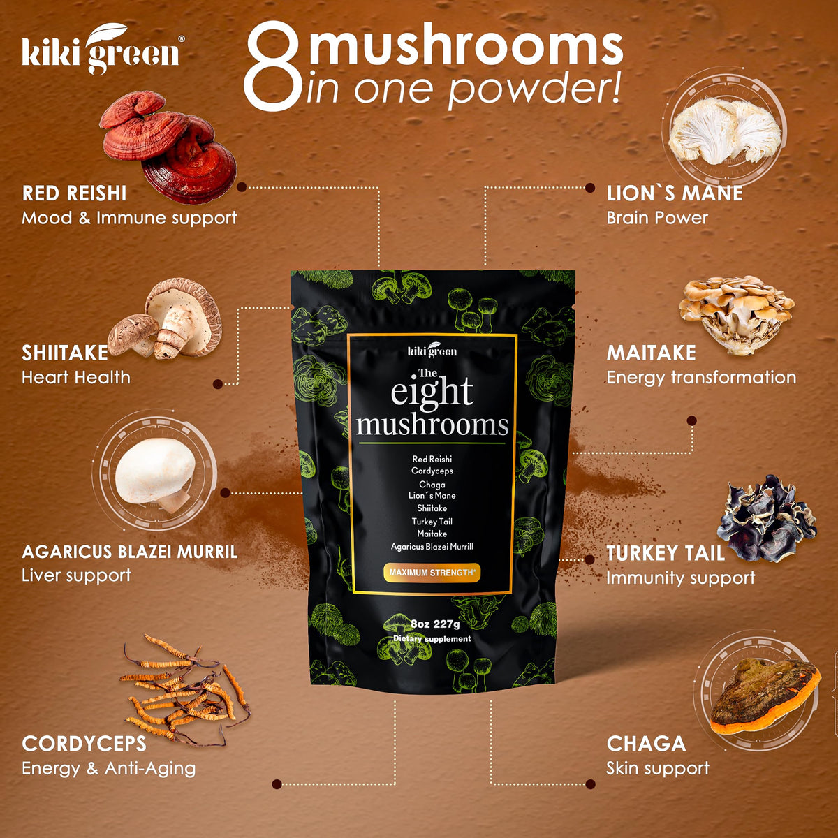 KIKI Green Mushroom Powder Extract - The 8 Mushrooms Supplement Blend