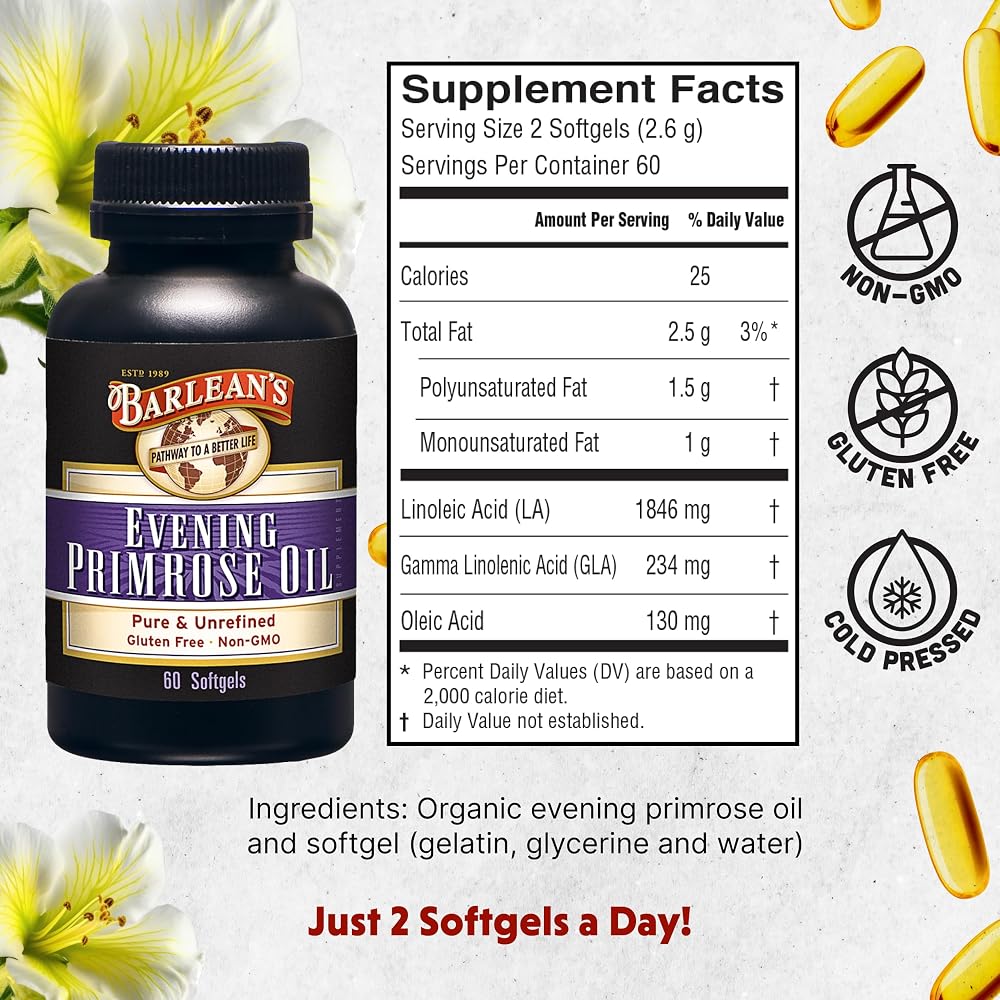 Barlean's Evening Primrose Oil Softgels with GLA - 60 Softgels - image 2