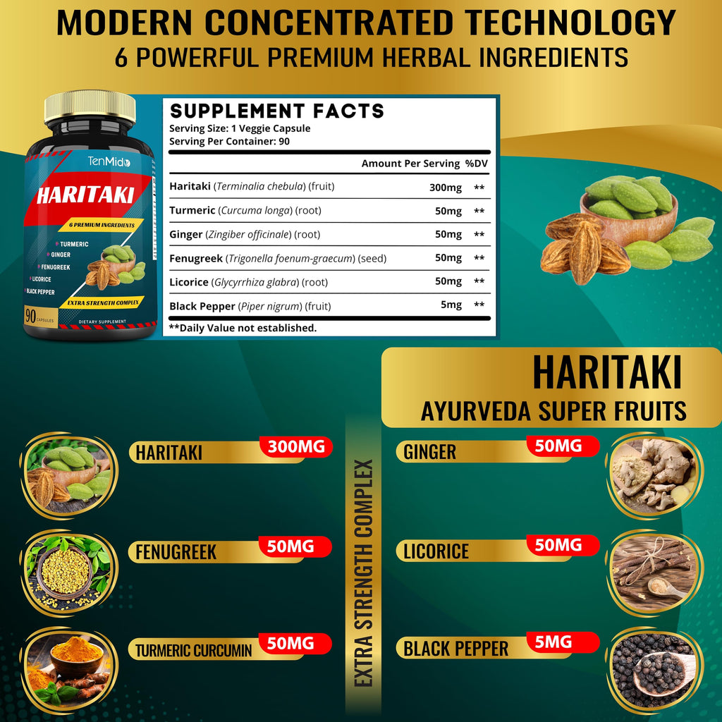 Tenmido Haritaki Extract with Turmeric & Ginger - 90 Capsules - image 3