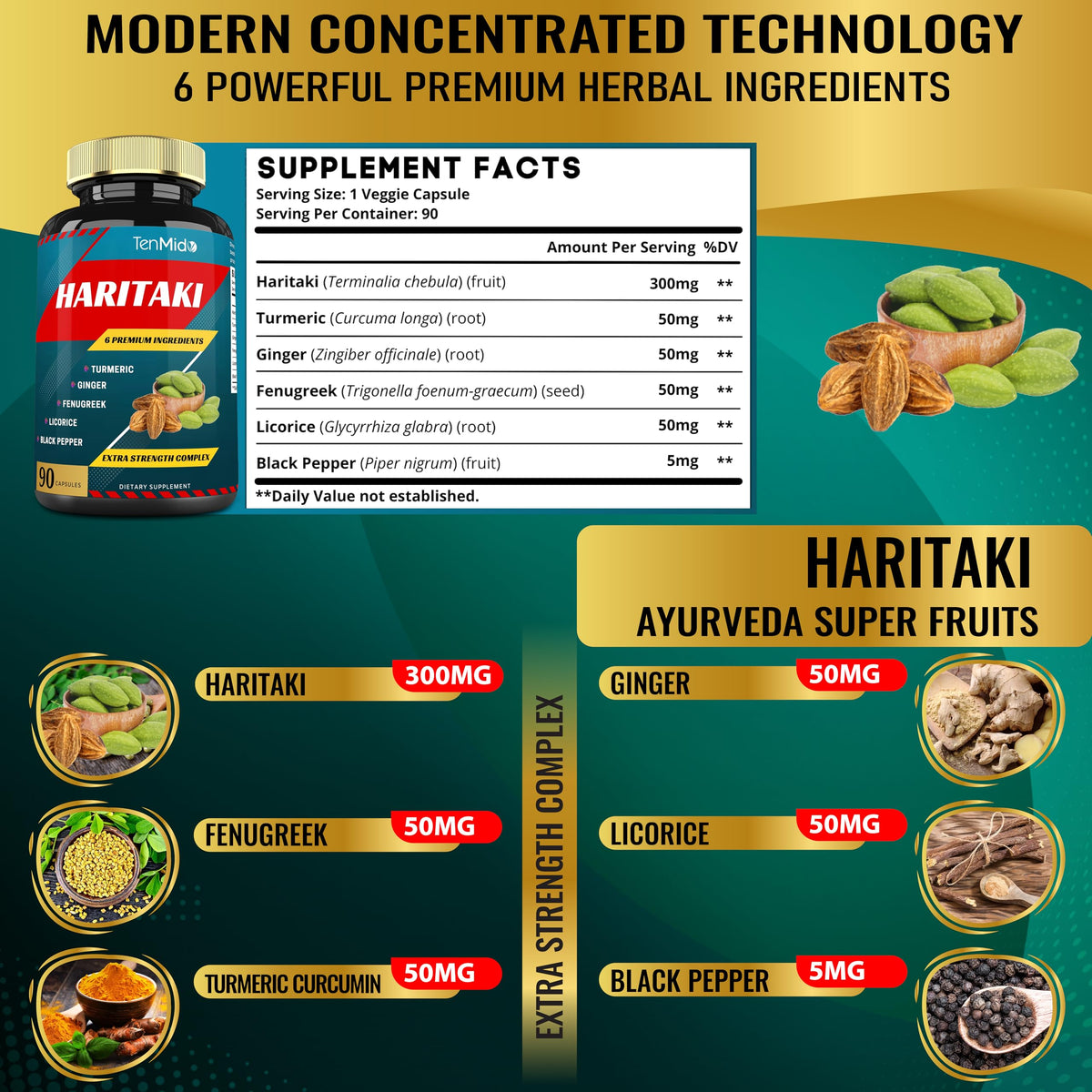 Tenmido Haritaki Extract with Turmeric & Ginger - 90 Capsules - image 3