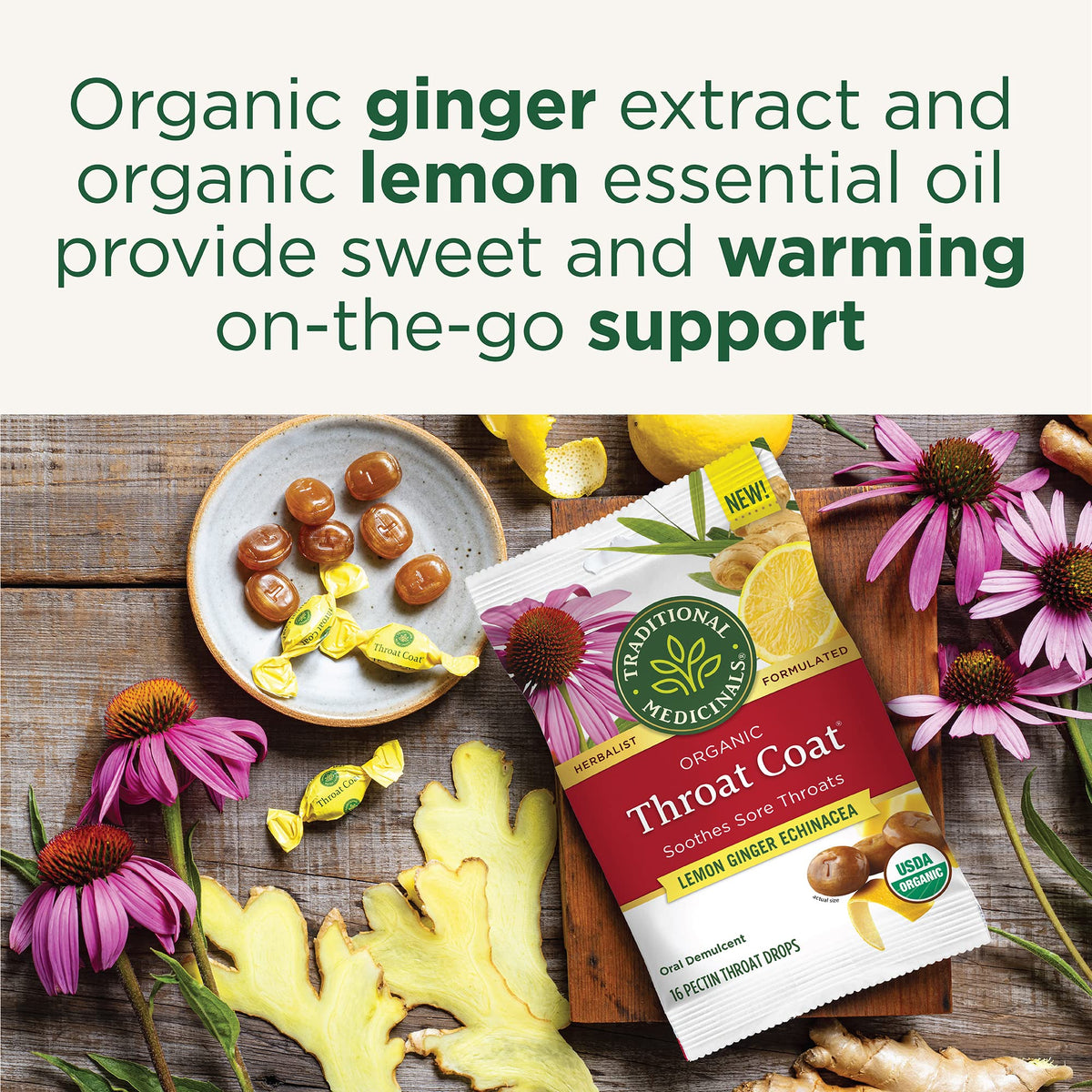 Traditional Medicinals Throat Coat Lemon Ginger Echinacea Lozenges - 16 Count - image 3