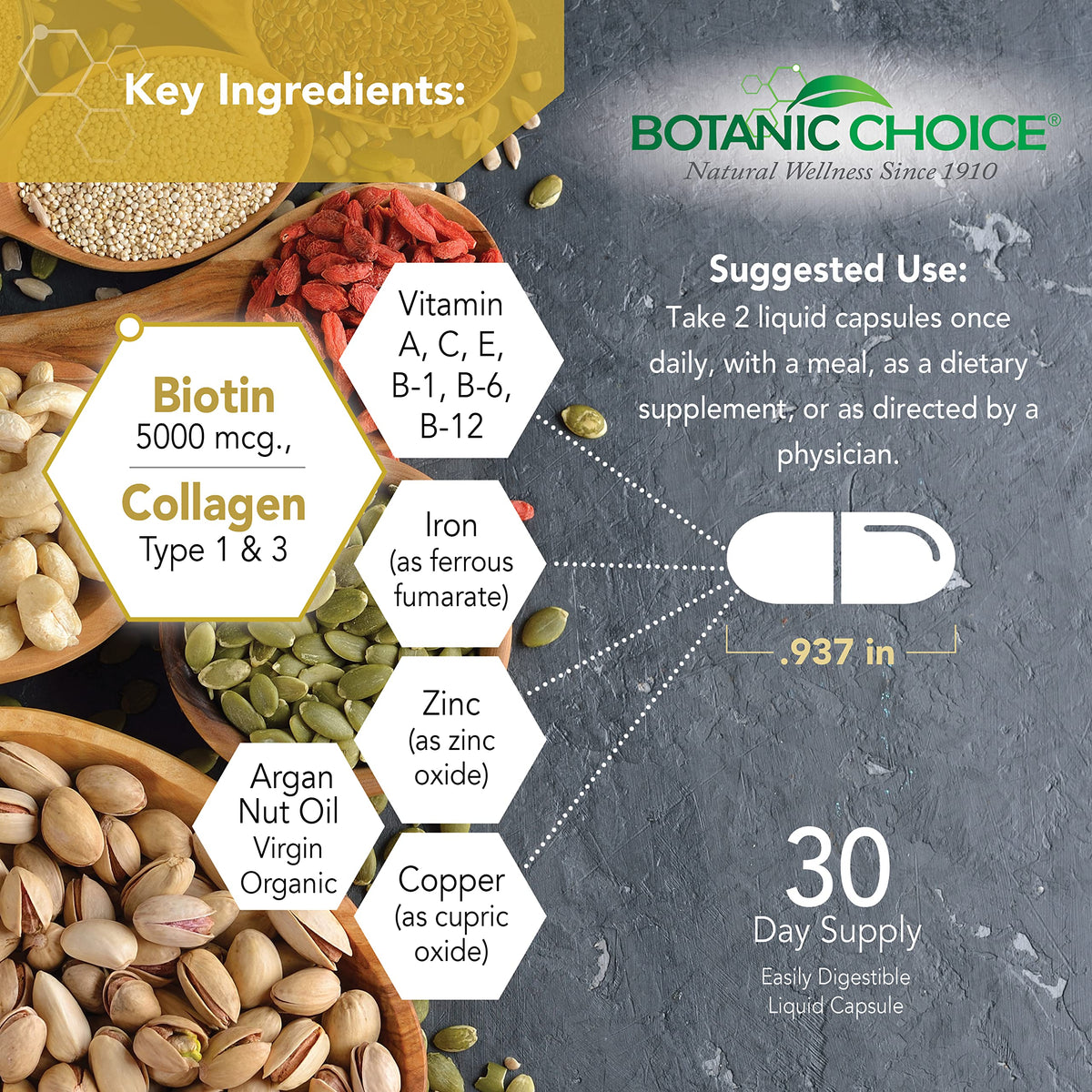 Botanic Choice Hair Skin & Nails Vitamins with Biotin - 60 Capsules - image 3
