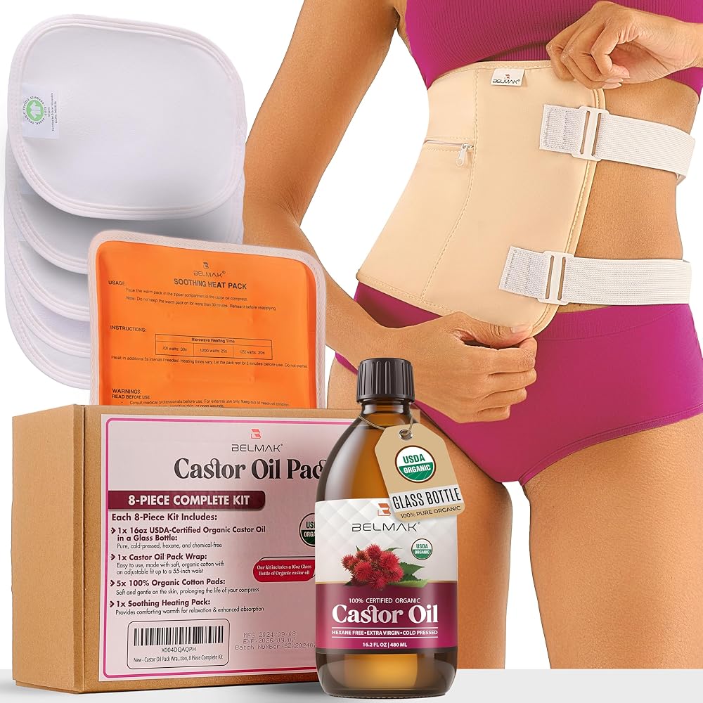 BELMAK Castor Oil Pack Wrap Kit with Heat Pack - 16.2 Fl Oz