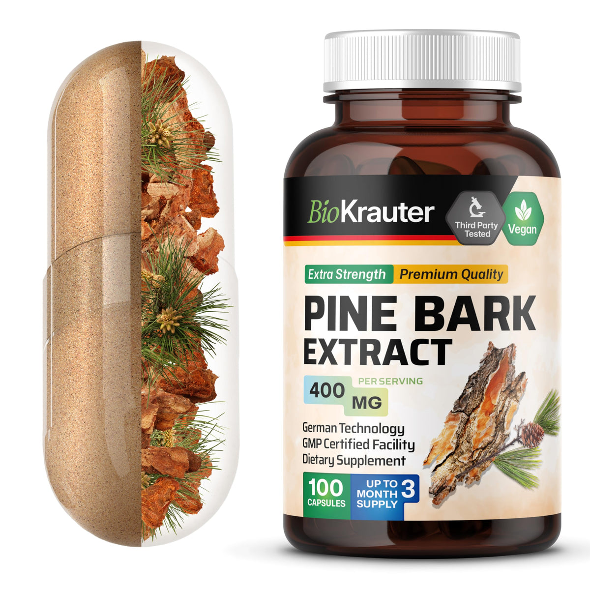 BIO KRAUTER Pine Bark Extract Capsules for Antioxidant Support - 100 Count