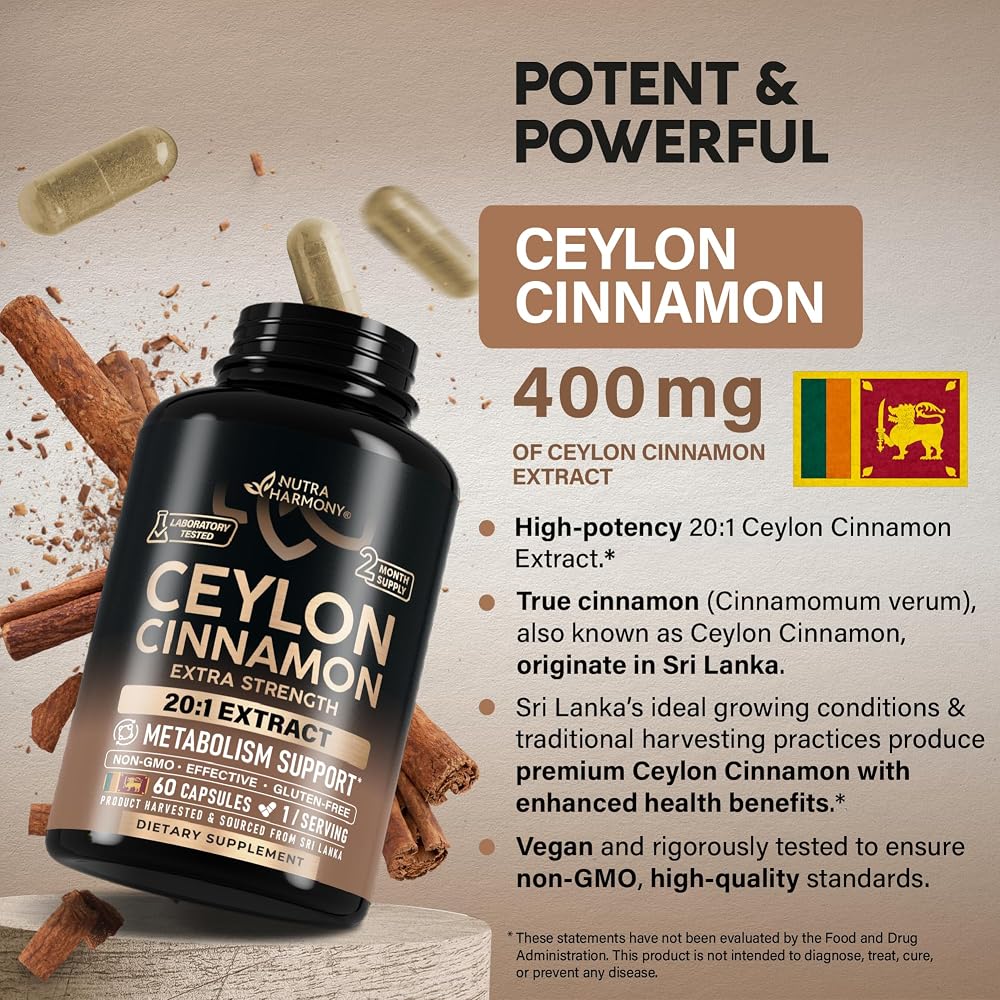 NUTRAHARMONY Ceylon Cinnamon Capsules - Extra Strength - Energy