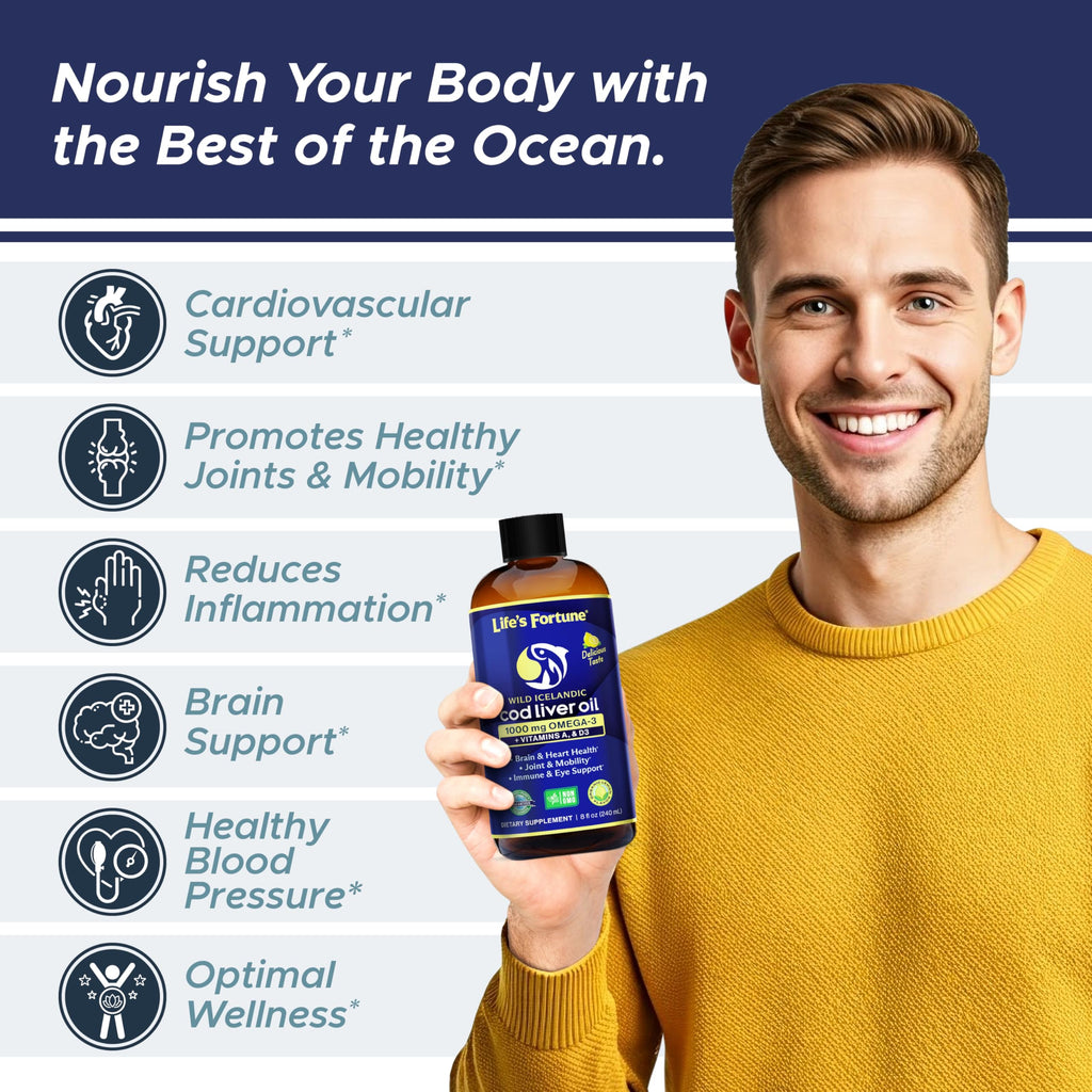 Life's Fortune Cod Liver Oil Liquid Lemon Flavor Organic Supplement