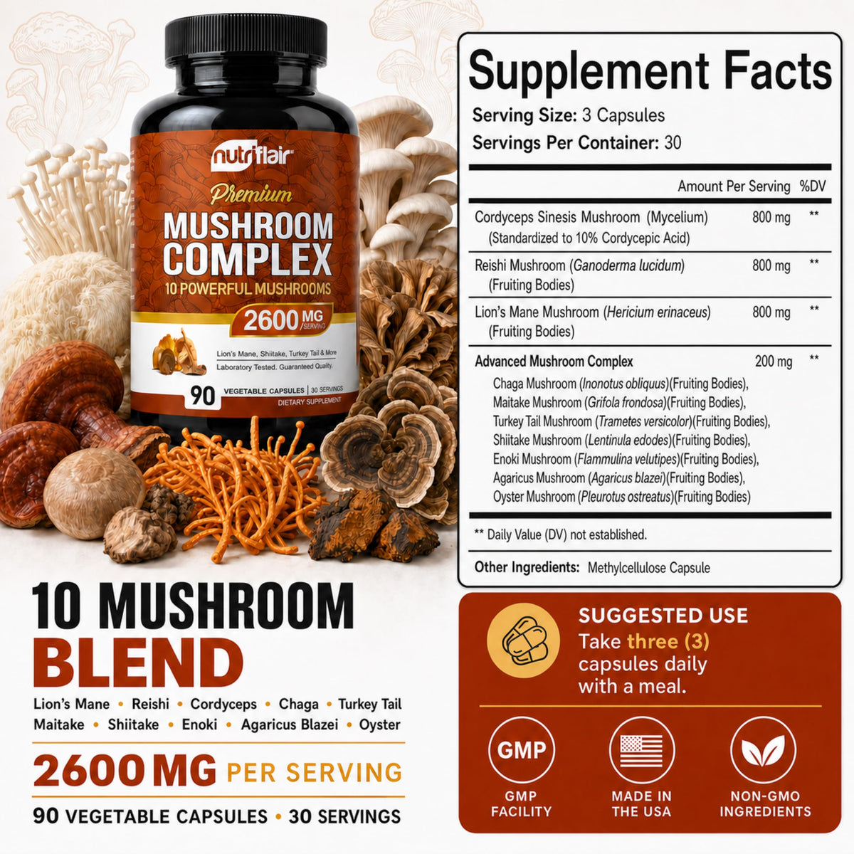 NutriFlair 10 Mushroom Complex Supplement 2600mg - 90 Capsules - image 2