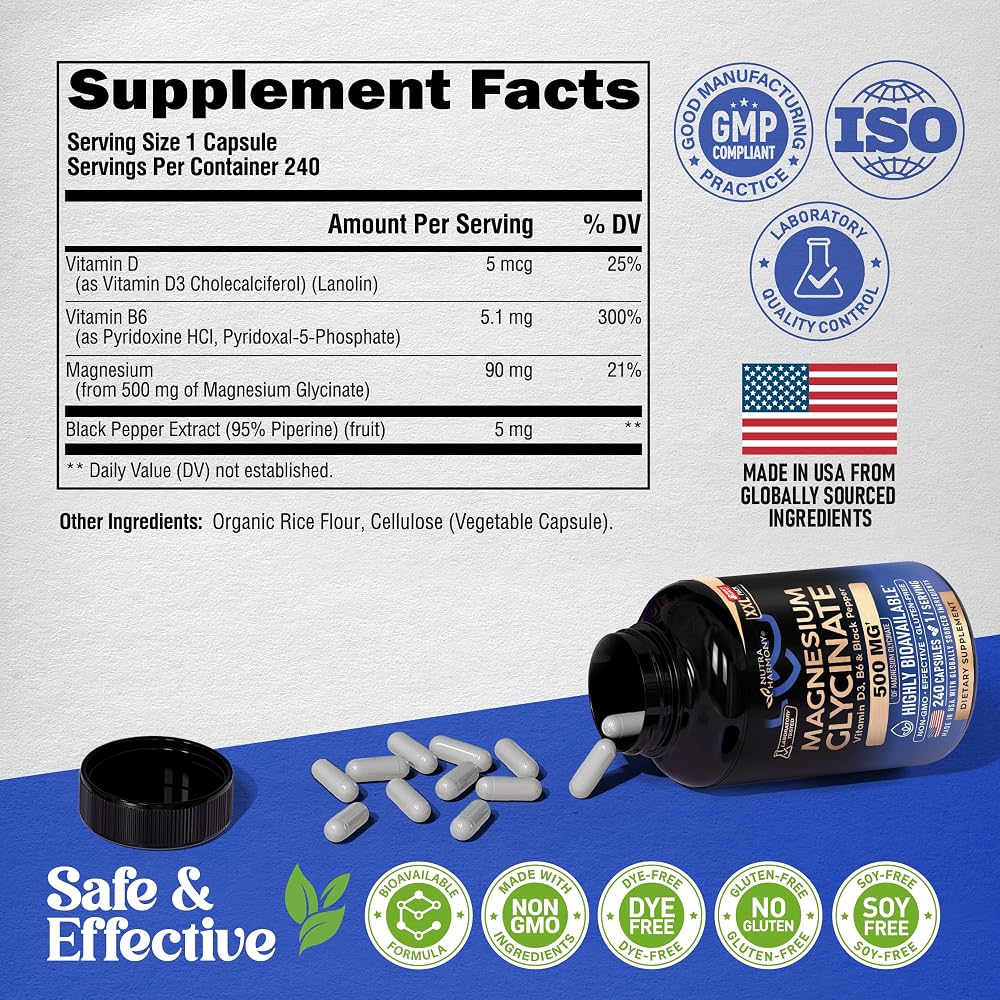 NUTRAHARMONY Magnesium Glycinate 500 mg - Chelated Supplement - High