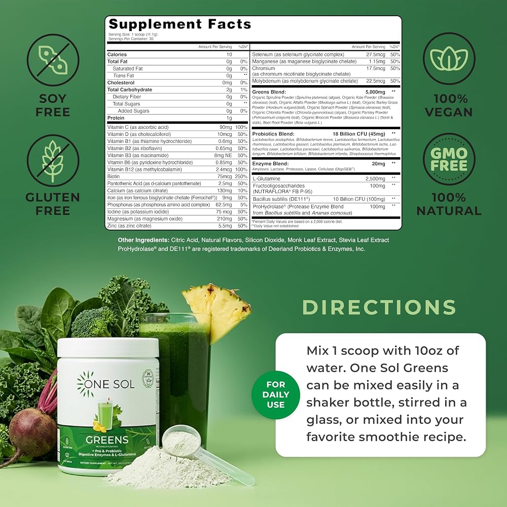One Sol Super Greens Powder with Probiotics & Enzymes - 30 Servings - image 3